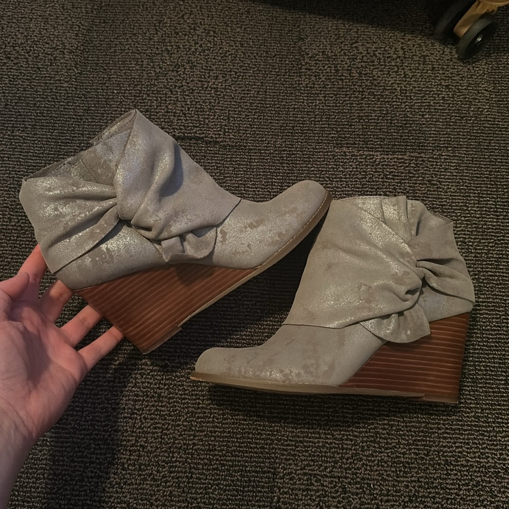 Metallic grey wedge bootie